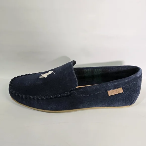 Polo Ralph Lauren Collins Suede Leather Slippers Mens 10 Navy Memory Foam NIB